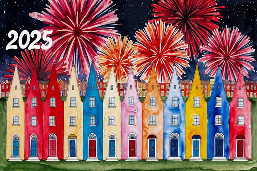 Colorful watercolor houses with bold fireworks welcoming 2025, for an Ethiopian Airlines New Year celebrations blog.